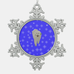 Samoyed met Blue, Snowy Pewter Snowflake Ornament