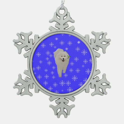 Samoyed met Blue, Snowy Pewter Snowflake Ornament (Voorkant)