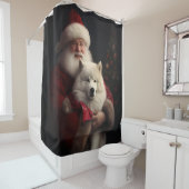 Samoyed Met Sinterklaas Feestelijke Kerstmis Douchegordijn (In situ)
