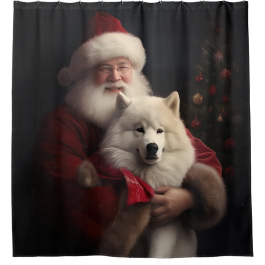 Samoyed Met Sinterklaas Feestelijke Kerstmis Douchegordijn (Voorkant)