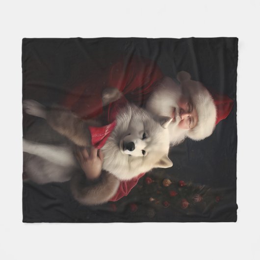 Samoyed Met Sinterklaas Feestelijke Kerstmis Fleece Deken (Voorkant (Horizontaal))