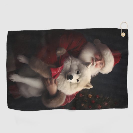 Samoyed Met Sinterklaas Feestelijke Kerstmis Golfhanddoek (Horizontaal)