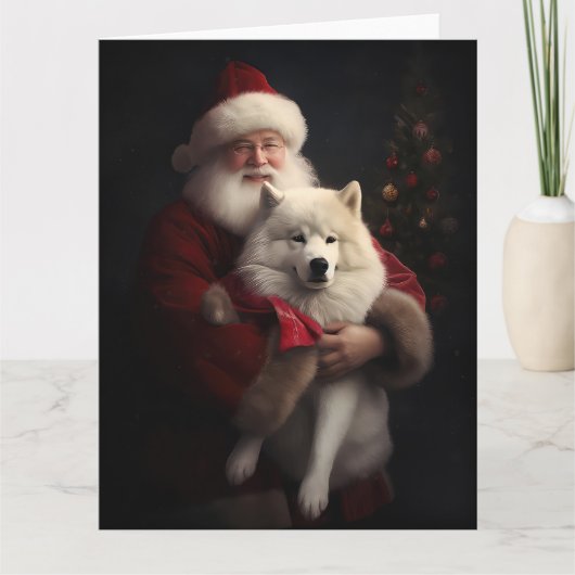 Samoyed Met Sinterklaas Feestelijke Kerstmis Kaart (Voorkant)