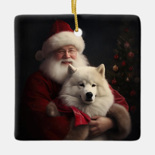 Samoyed Met Sinterklaas Feestelijke Kerstmis Keramisch Ornament (Voorkant)