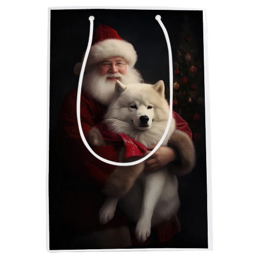 Samoyed Met Sinterklaas Feestelijke Kerstmis Medium Cadeauzakje (Voorkant)