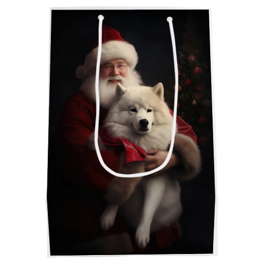 Samoyed Met Sinterklaas Feestelijke Kerstmis Medium Cadeauzakje (Achterkant)