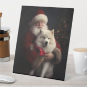 Samoyed Met Sinterklaas Feestelijke Kerstmis Reclamebord Met Voetstuk (Insitu)