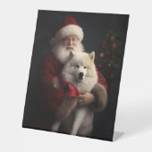 Samoyed Met Sinterklaas Feestelijke Kerstmis Reclamebord Met Voetstuk (Voorkant)