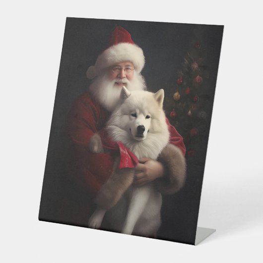 Samoyed Met Sinterklaas Feestelijke Kerstmis Reclamebord Met Voetstuk (Voorkant)