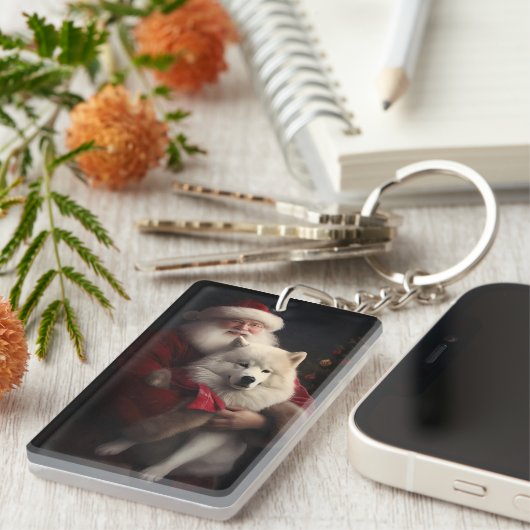 Samoyed Met Sinterklaas Feestelijke Kerstmis Sleutelhanger (Voorkant Rechts)