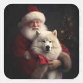 Samoyed Met Sinterklaas Feestelijke Kerstmis Vierkante Sticker (Voorkant)