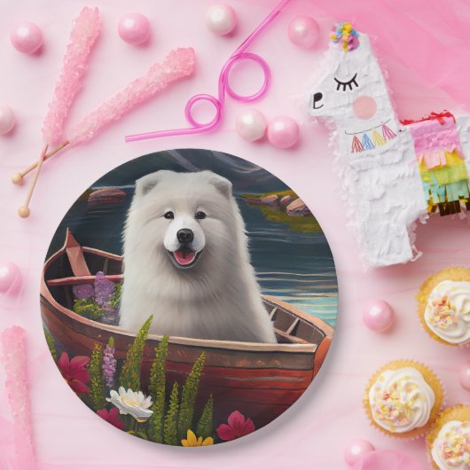 Samoyed op een peddel: een Schilderachtig avontuur Papieren Bordje (Feest)
