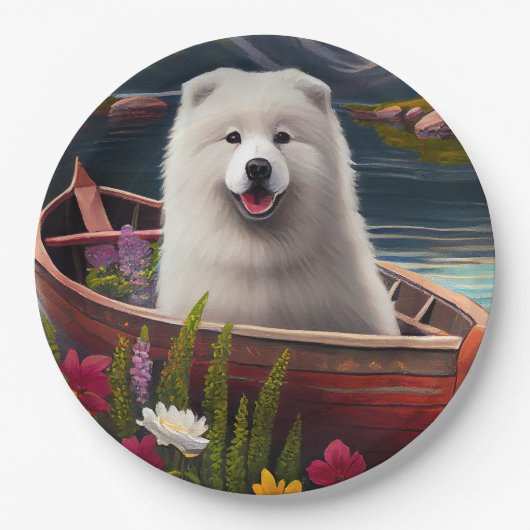 Samoyed op een peddel: een Schilderachtig avontuur Papieren Bordje (Voorkant)