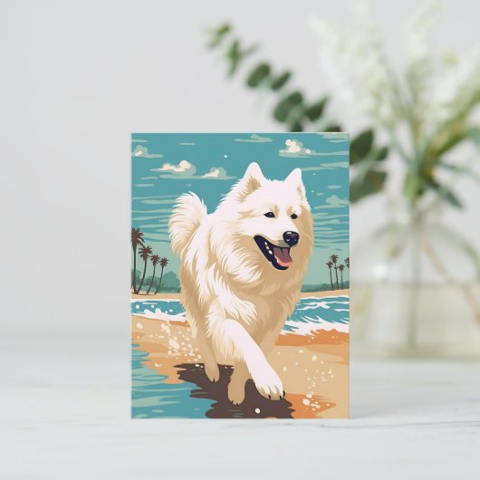 Samoyed op het strand briefkaart (Staand voorkant)