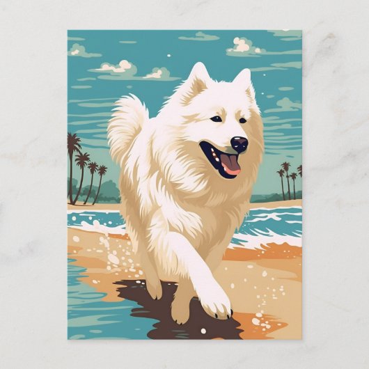 Samoyed op het strand briefkaart (Voorkant)