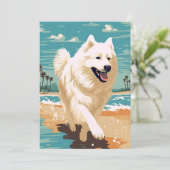 Samoyed op het strand feestdagenkaart (Staand voorkant)