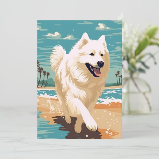 Samoyed op het strand feestdagenkaart (Staand voorkant)