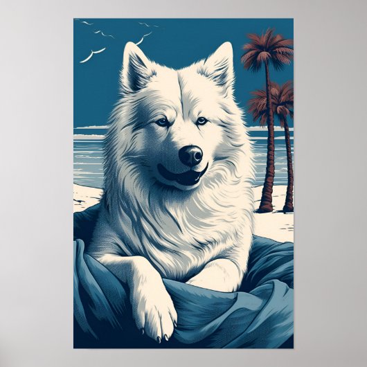Samoyed op het strand poster (Voorkant)