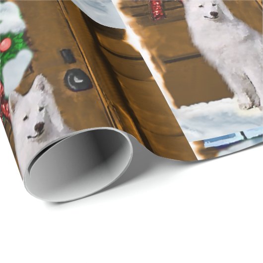 Samoyed op veranda Kerstmis Cadeaupapier (Rol Hoek)