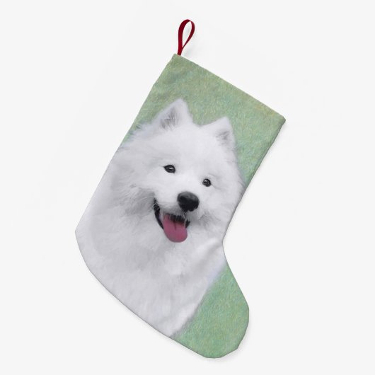 Samoyed Painting - Cute Original Dog Art Kleine Kerstsok (Voorkant (Hangend))