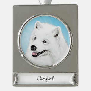 Samoyed Painting - Cute Original Dog Art Silver Pl Verzilverd Banner Ornament