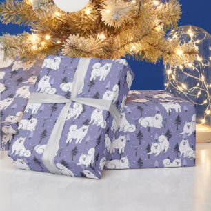Samoyed Pet Dog met sneeuw op pijnbomen achtergron Cadeaupapier