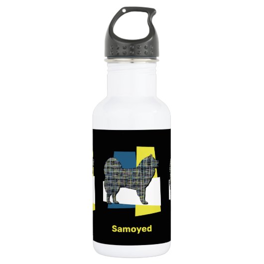 Samoyed Pet Dog Silhouette Yellow & Blue Grid Waterfles (Voorkant)
