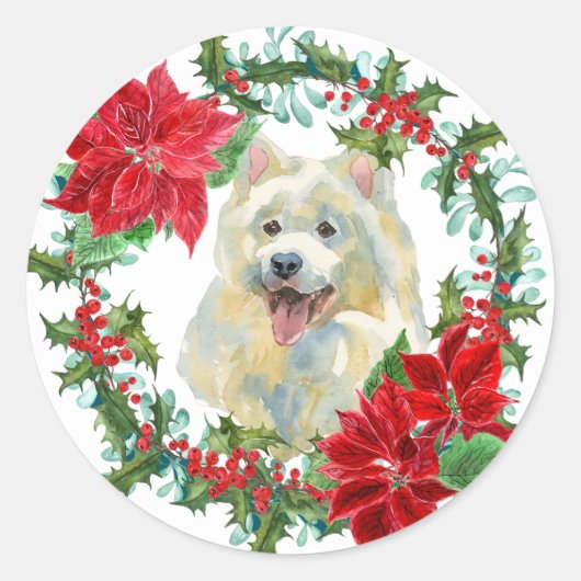 Samoyed Poinsettia Holly vakantiekrans Ronde Sticker (Voorkant)