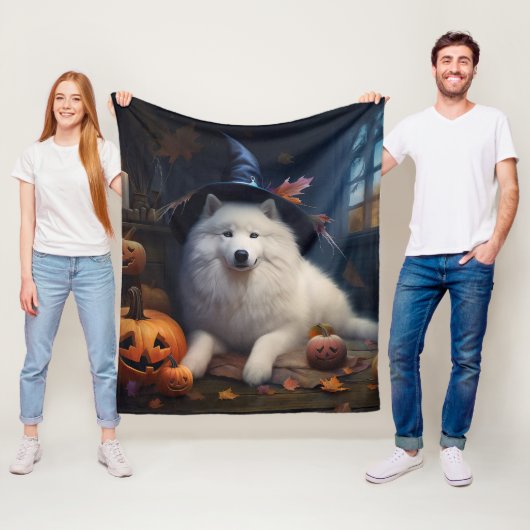 Samoyed pompoenen Halloween eng Fleece Deken (In situ)