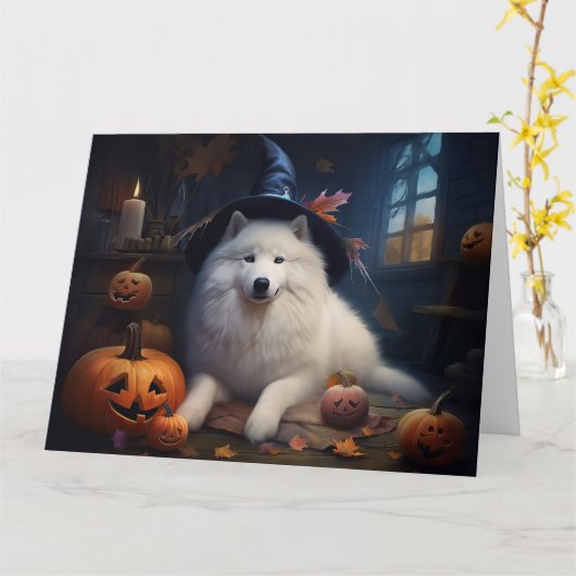 Samoyed pompoenen Halloween eng Kaart (Gele Bloem)