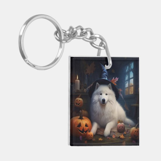 Samoyed pompoenen Halloween eng Sleutelhanger (Voorkant Links)
