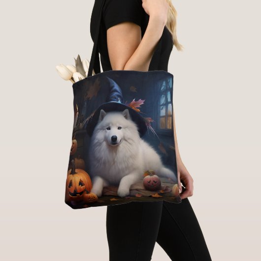 Samoyed pompoenen Halloween eng Tote Bag (Dichtbij)