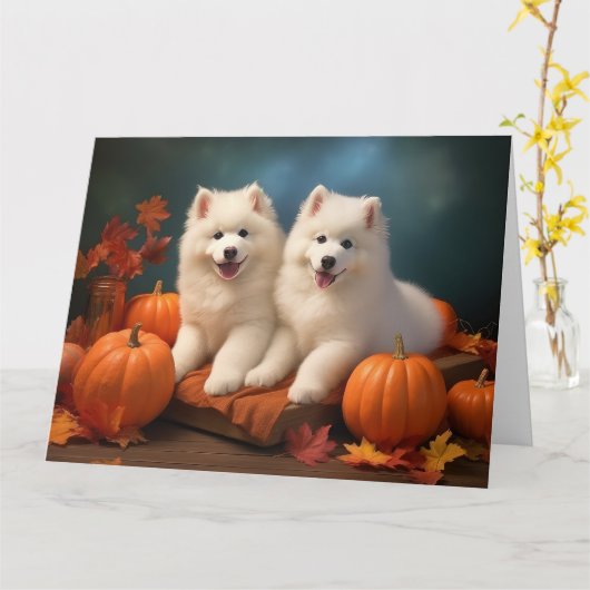 Samoyed Pup Autumn Delight Pompoen Kaart (Gele Bloem)
