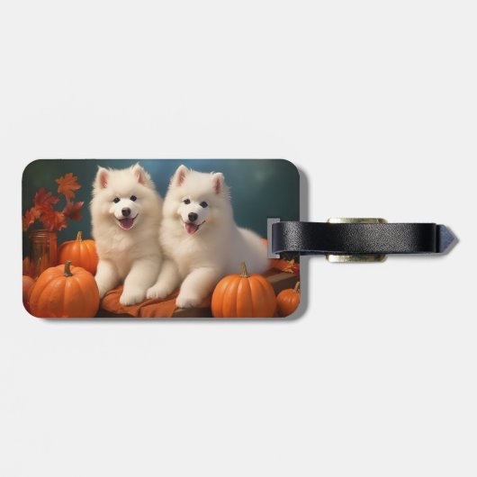 Samoyed Puppy Herfst Delight Pompoen Bagagelabel (Achterkant horizontaal)