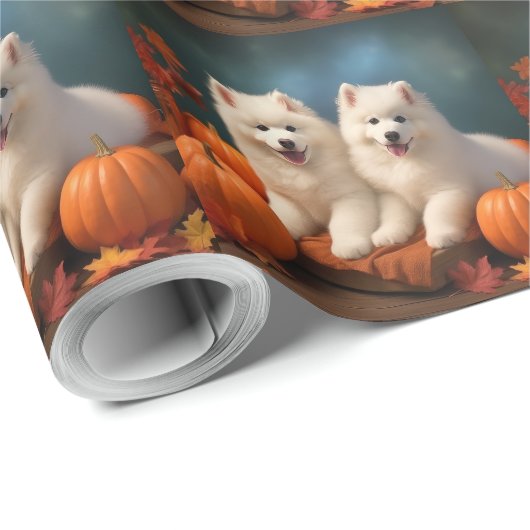Samoyed Puppy Herfst Delight Pompoen Cadeaupapier (Rol Hoek)