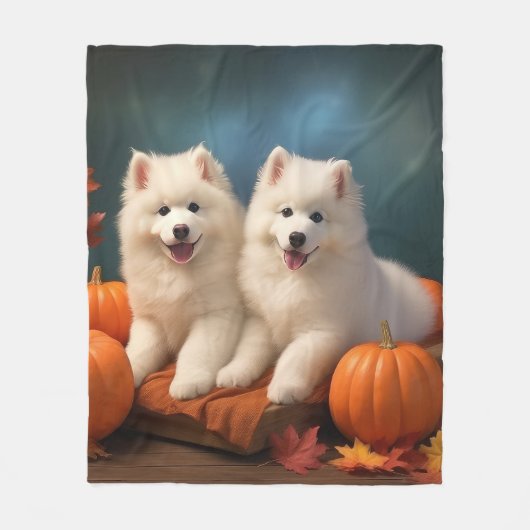 Samoyed Puppy Herfst Delight Pompoen Fleece Deken (Voorkant)