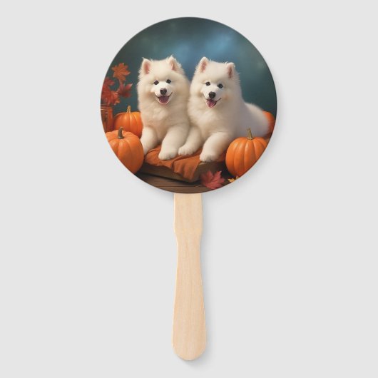 Samoyed Puppy Herfst Delight Pompoen Handwaaier (Voorkant)