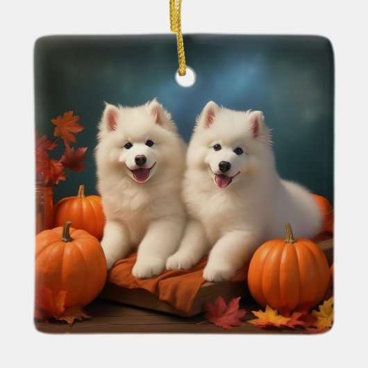 Samoyed Puppy Herfst Delight Pompoen Keramisch Ornament (Voorkant)