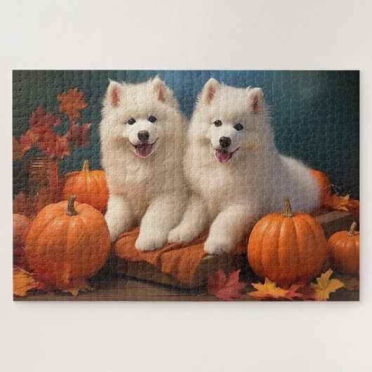 Samoyed Puppy Herfst Delight Pompoen Legpuzzel (Horizontaal)