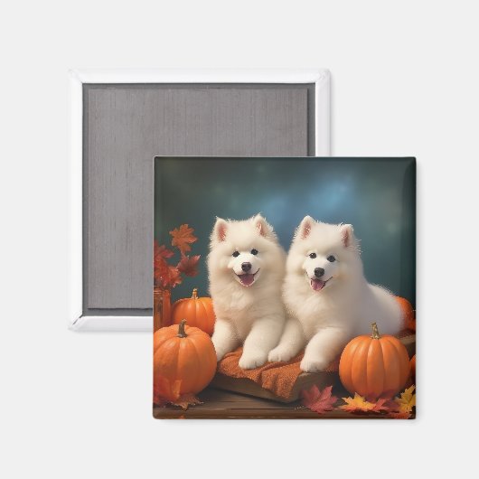Samoyed Puppy Herfst Delight Pompoen Magneet (Voorkant / Achterkant)