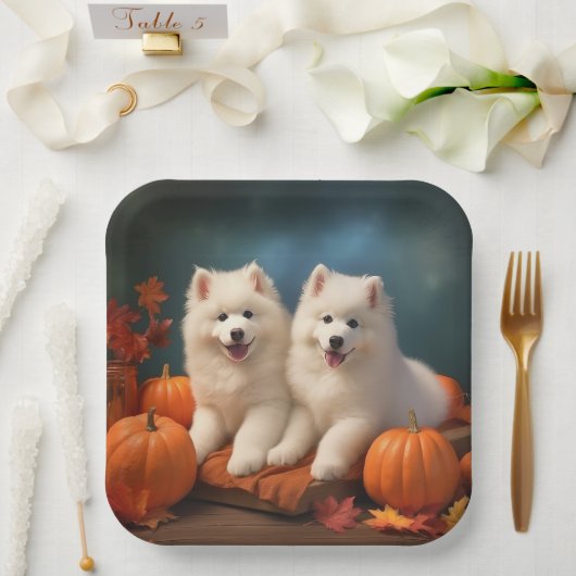 Samoyed Puppy Herfst Delight Pompoen Papieren Bordje (Huwelijk)