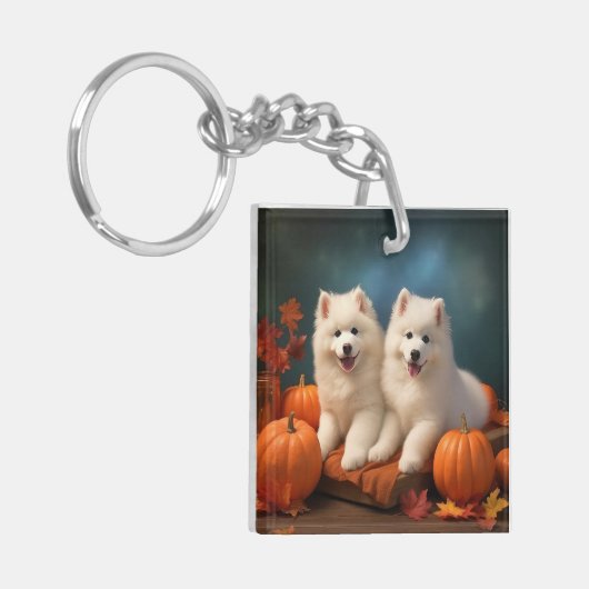 Samoyed Puppy Herfst Delight Pompoen Sleutelhanger (Voorkant Links)