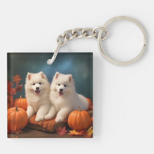 Samoyed Puppy Herfst Delight Pompoen Sleutelhanger (Achterkant)