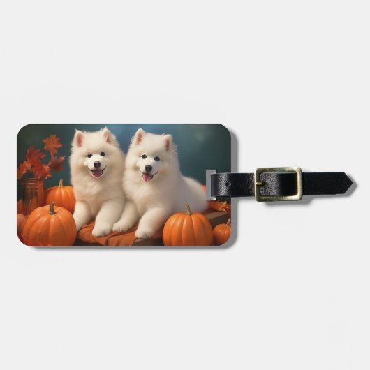 Samoyed Puppy Herfst Plezier Pompoen Bagagelabel (Voorkant horizontaal)