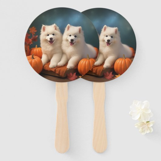 Samoyed Puppy Herfst Plezier Pompoen Handwaaier (Voorkant en achterkant)