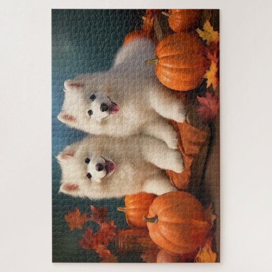 Samoyed Puppy Herfst Plezier Pompoen  Legpuzzel (Verticaal)