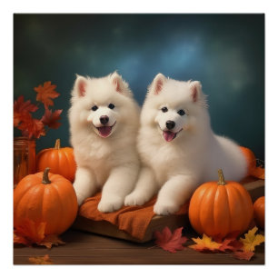 Samoyed Puppy Herfst Plezier Pompoen Perfect Poster