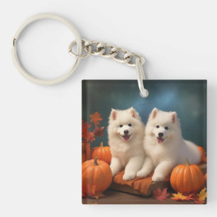 Samoyed Puppy Herfst Plezier Pompoen Sleutelhanger