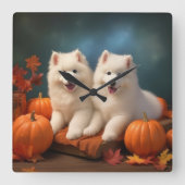 Samoyed Puppy Herfst Plezier Pompoen Vierkante Klok (Voorkant)