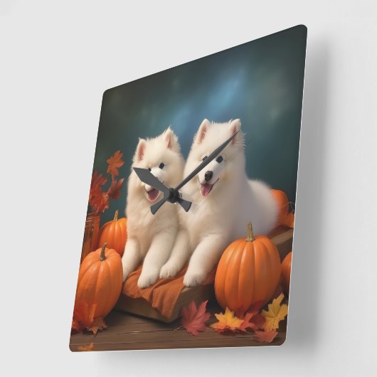 Samoyed Puppy Herfst Plezier Pompoen Vierkante Klok (Hoek)